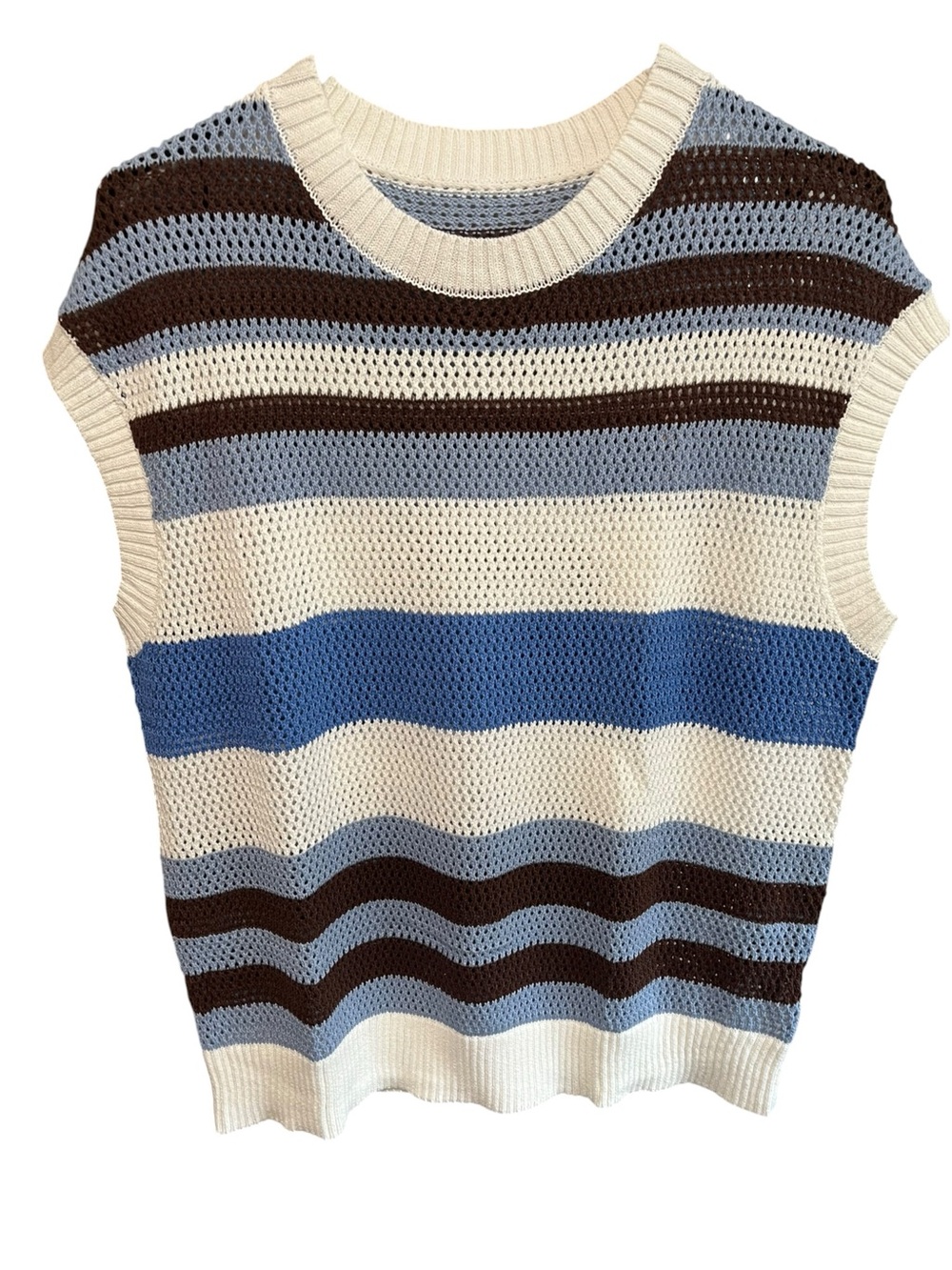 NWT Brown and Blue Strip Sleeveless Crochet Sweater Top - Size M - 100% Cotton